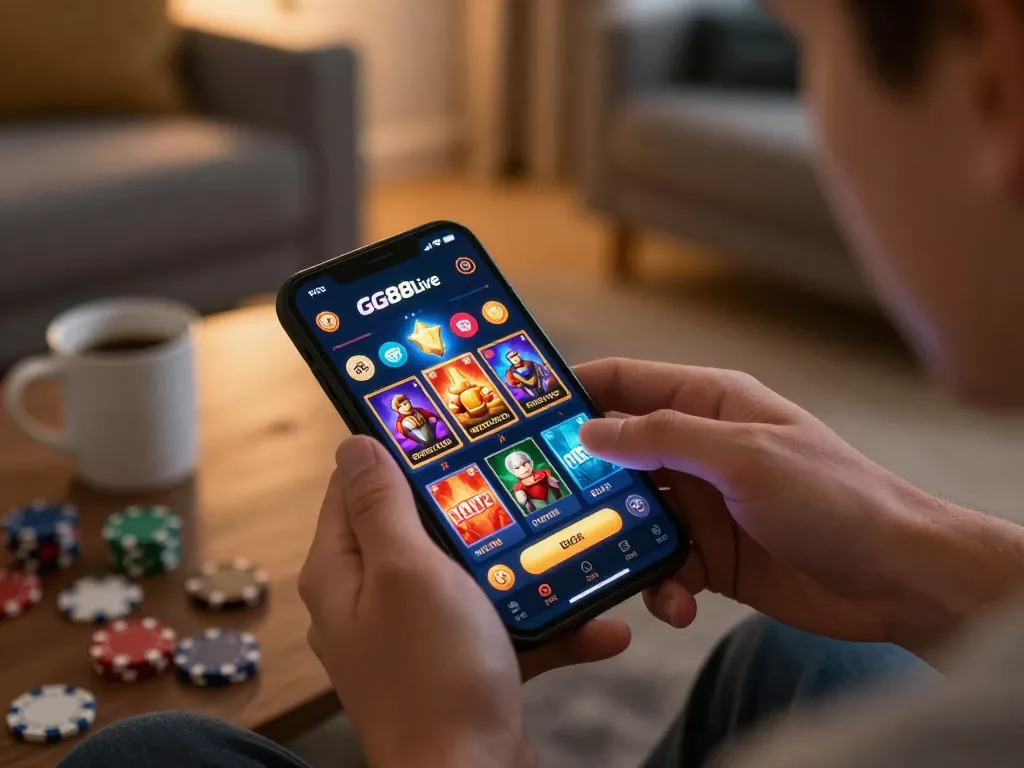 Player engaging with GG88live mobile casino app, showcasing vibrant game interface and cozy online atmosphere.