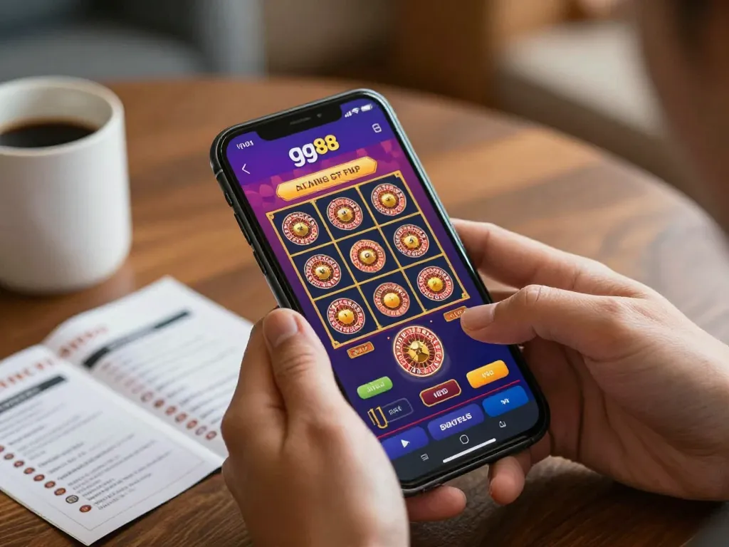 Engaging with gg88 online casino app on a mobile device in a cozy home environment.