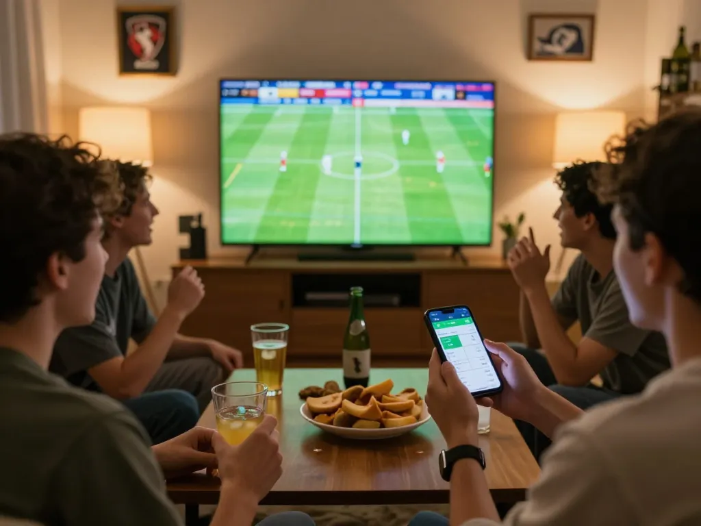 A group of friends enjoying keo nha cai hom nay while watching a live football match on the big screen