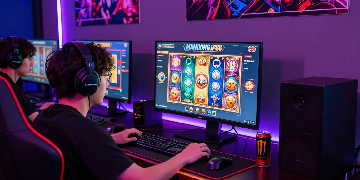 Excited gamer engaged with MAHJONGJP88 slots featuring QRIS deposits, colorful screen and gaming accessories.