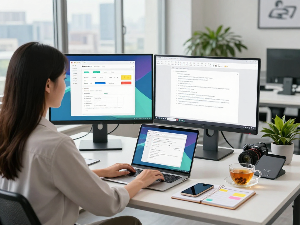在明亮的现代办公室中，一位年轻女性使用WPS Office下载进行文档协作，桌上配有双显示器和科技设备。
