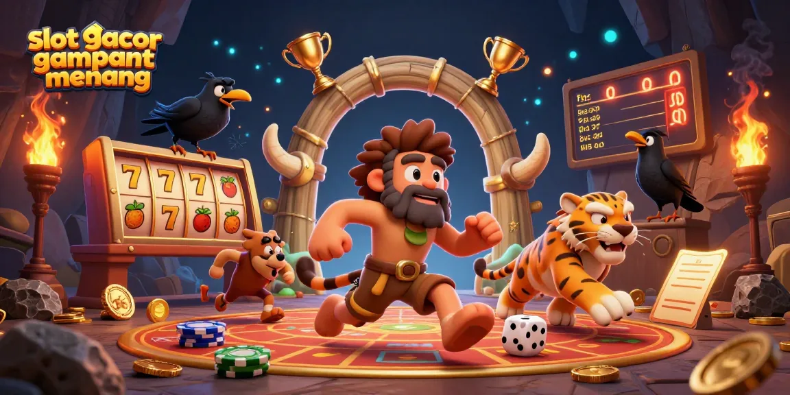 Experience thrilling slot gacor gampang menang excitement with energetic caveman duo and sabertooth in a dynamic casino setting!