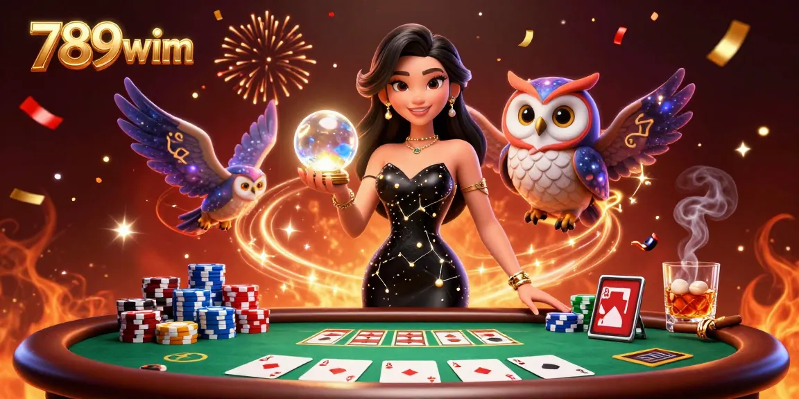 Engaging 789wim casino scene showcasing a woman in a black gown and an owl, surrounded by vibrant poker game elements.
