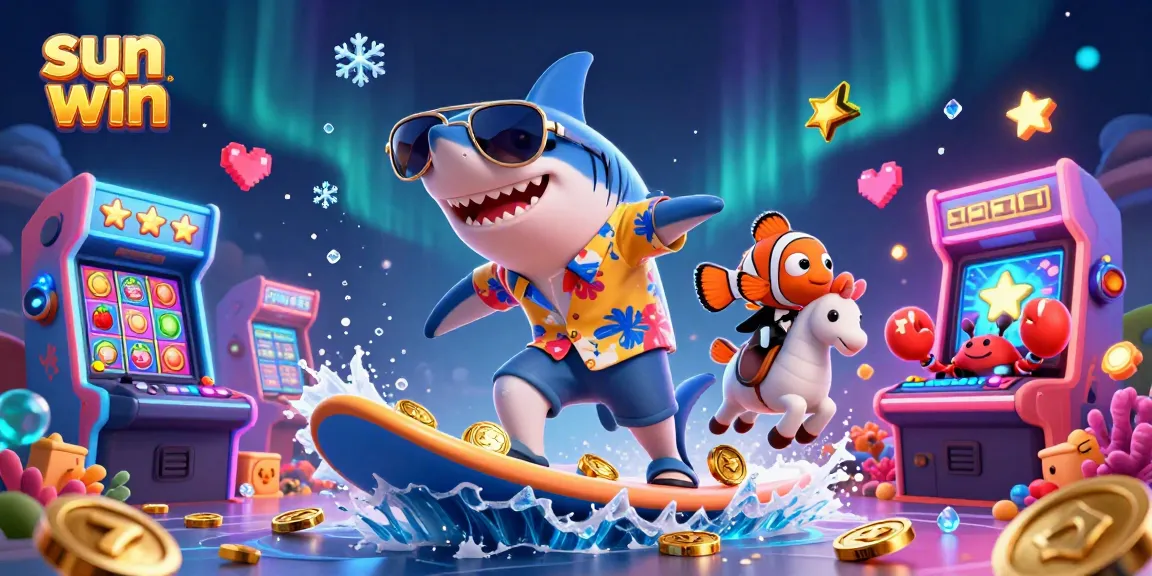 Experience thrilling wins with sun win in this vibrant 3D casino illustration packed with colorful slot elements.