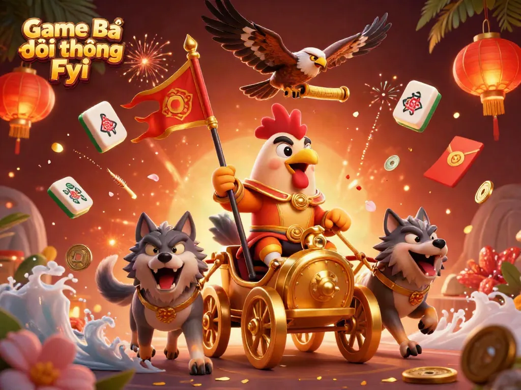 Engage in thrilling gameplay with Game Bài Đổi Thưởng Fyi, featuring a dynamic 3D scene of a rooster warlord and vibrant casino elements.