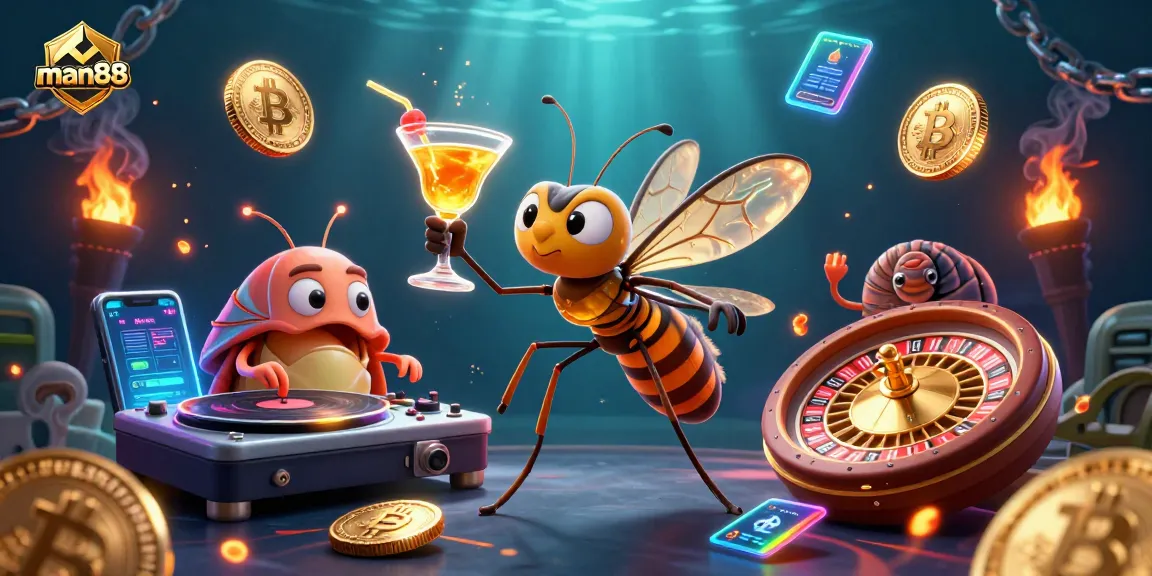 Engage with man88's vibrant gaming experience featuring animated casino characters and glowing crypto elements.