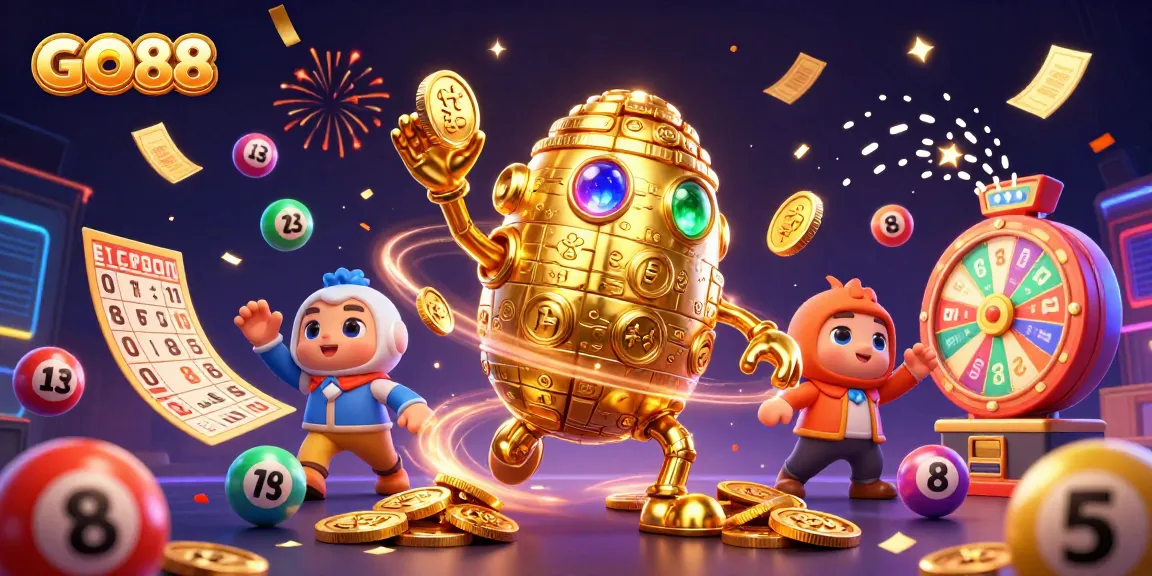 Engage with GO88 through your colorful lottery game experience, featuring vibrant elements and a golden golem.