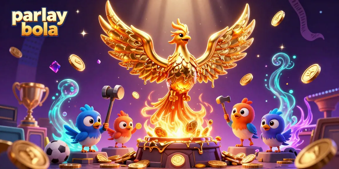 Bet successfully with parlay bola as a golden phoenix soars amidst dynamic sports betting elements.