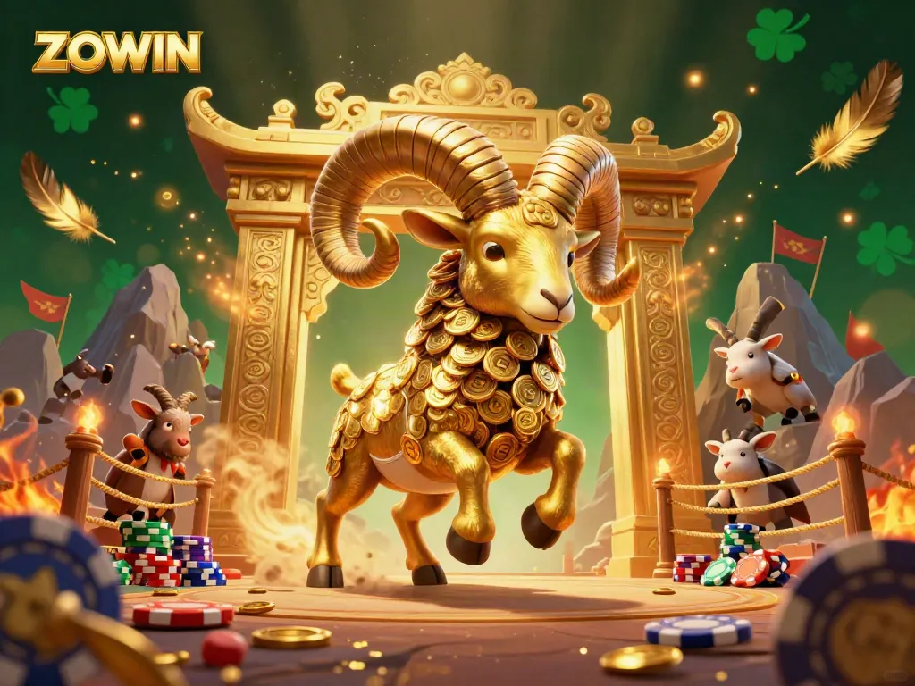 ZOWIN unleashes a spectacular scene with the golden ram charging towards victory at the casino.