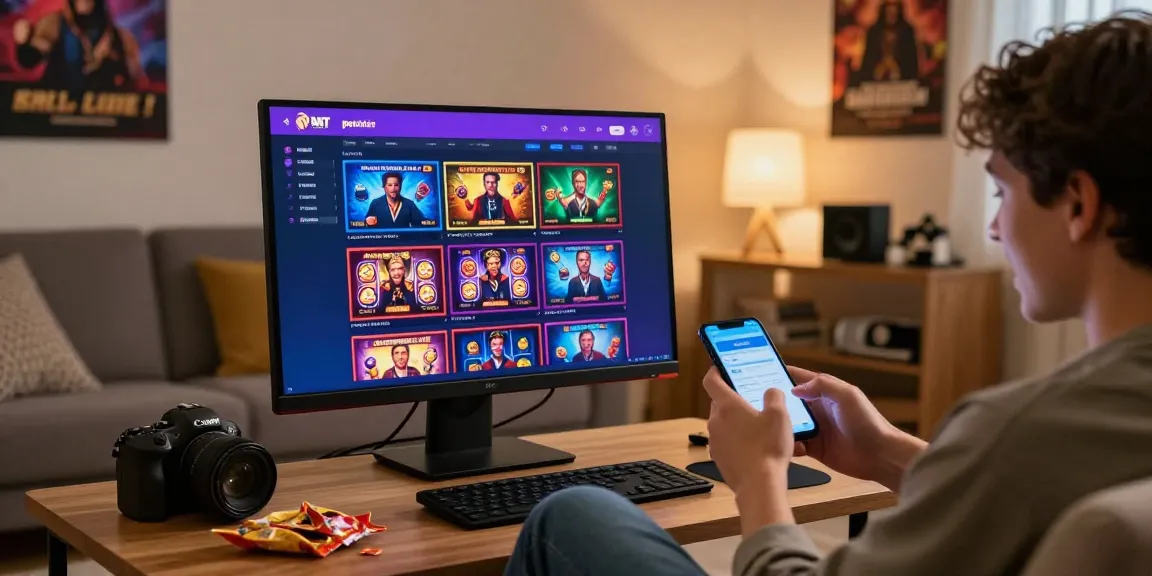 Exciting gaming scene featuring deposit tanpa minimal options on a computer and smartphone in a cozy setting.