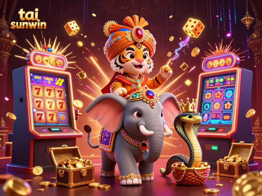 Tai sunwin showcases a vibrant casino game scene with a maharaja tiger and jewel-encrusted elements, celebrating big wins and excitement.