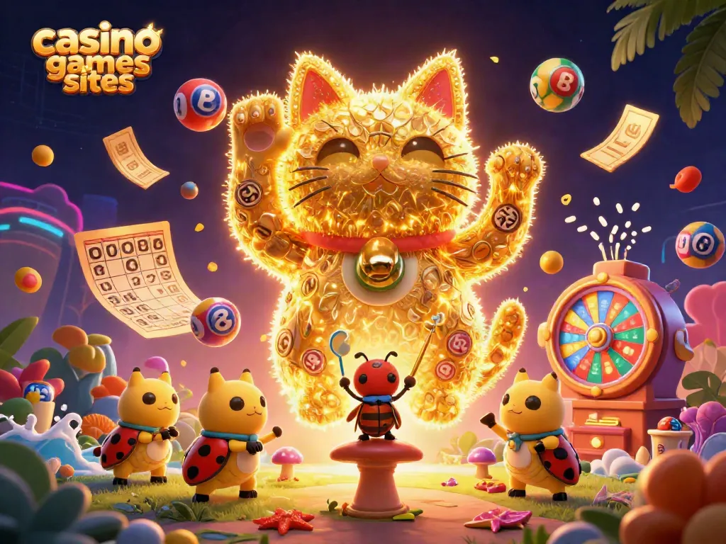 Experience exciting gameplay with vibrant casino games sites featuring fun lottery elements and a lucky cat.
