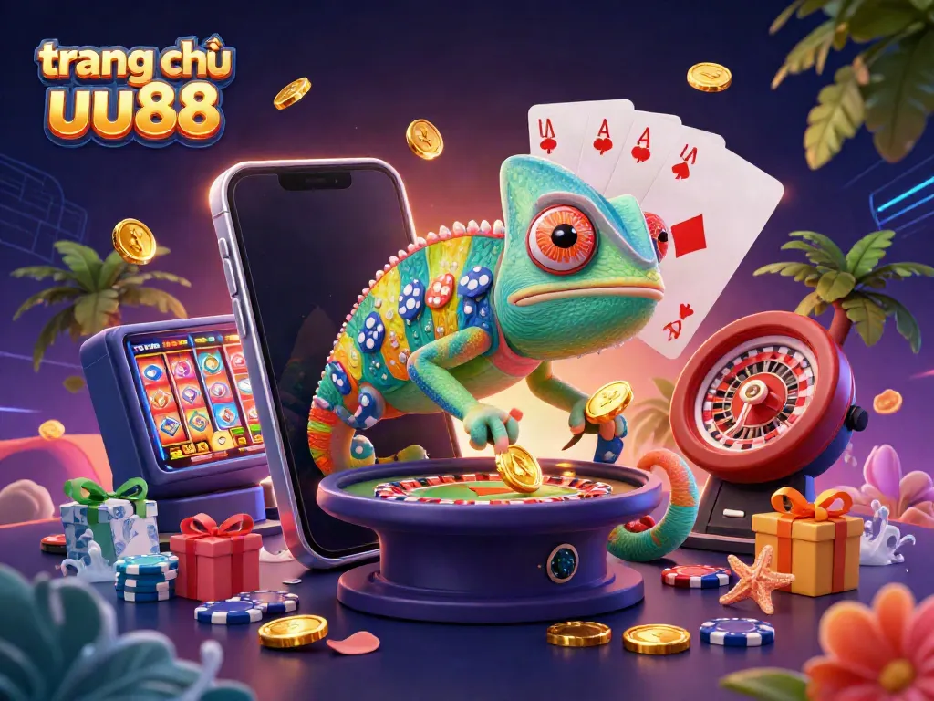 Engaging scene depicting the "trang chủ uu88" casino with a colorful chameleon owner snapping golden coins, showcasing vibrant gaming elements.