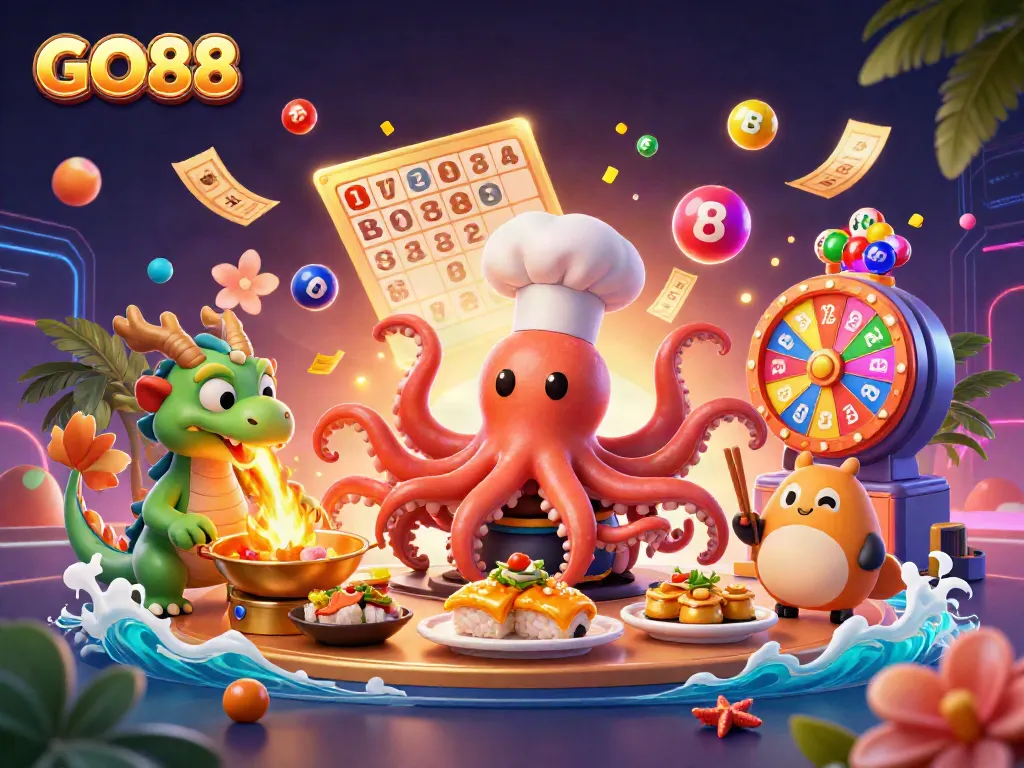 Engage in the exciting world of GO88 with a dynamic 3D illustration of vibrant casino elements.