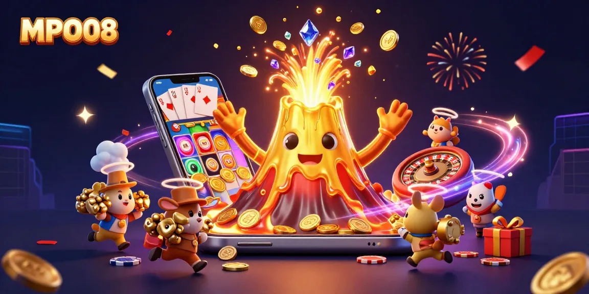 MPO08 showcases a triumphant golden volcano erupting coins, gems, and treasures in a lively casino scene.