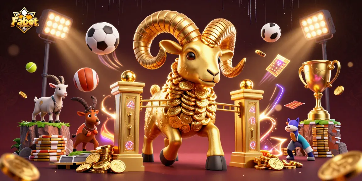 Experience thrilling moments with Fabet in this vibrant 3D casino illustration featuring a golden ram and dynamic sports elements.