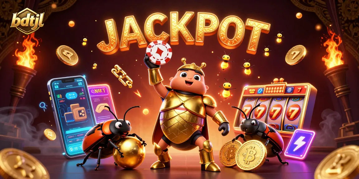Engage with bdtjl's thrilling slots experience as vibrant beetles celebrate a major jackpot.