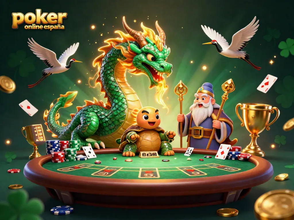 Juega al póker online España en una mesa vibrante con personajes míticos y elementos de juego.
