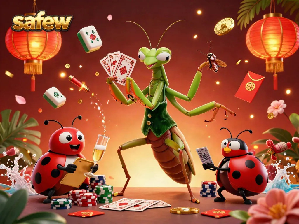 Engage in a vibrant casino scene as the giant praying mantis card sharp deals in the unique safew gaming environment.