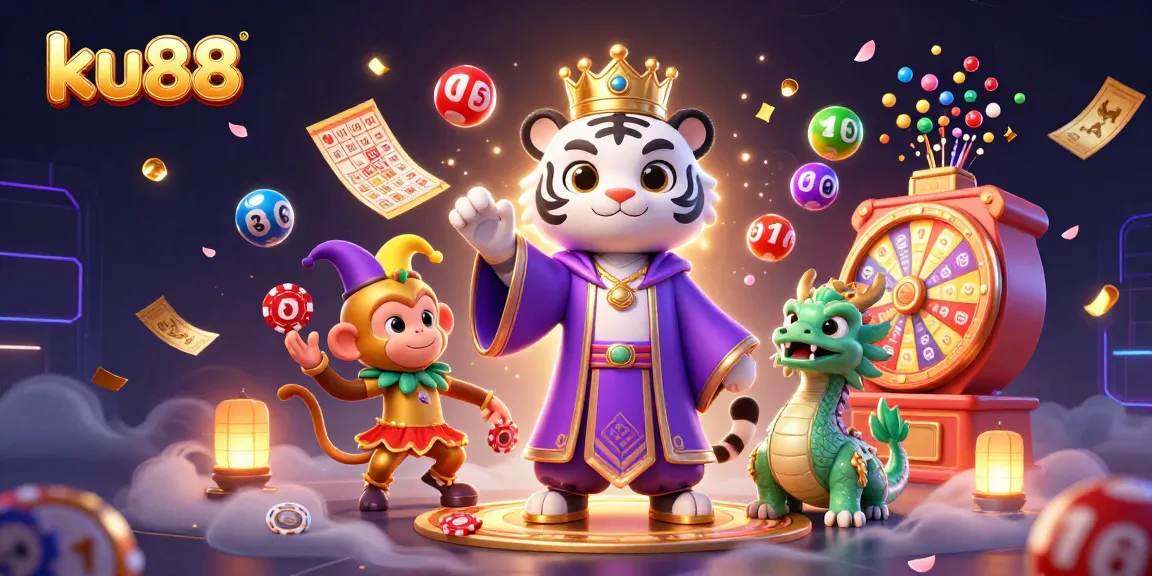 ku88's lively 3D illustration showcases a regal tiger and playful monkey amidst gambling excitement.