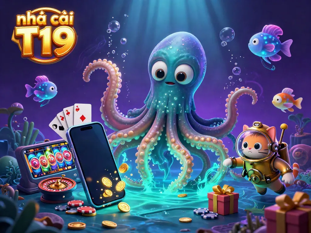 Play thrilling casino games at nhà cái T19 with a cartoon kraken, diving cat, and vibrant slot machines.