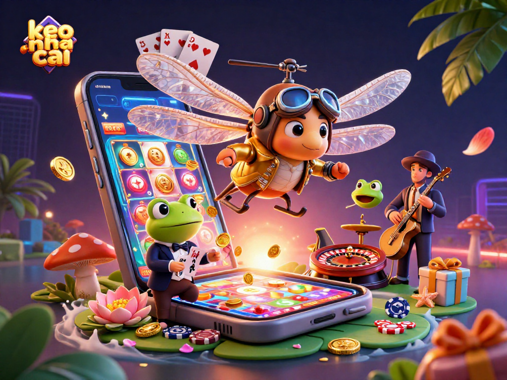 Engage with keo nha cai at a vibrant lily pad casino featuring a dragonfly pilot, frog croupier, and jazz-playing crickets.