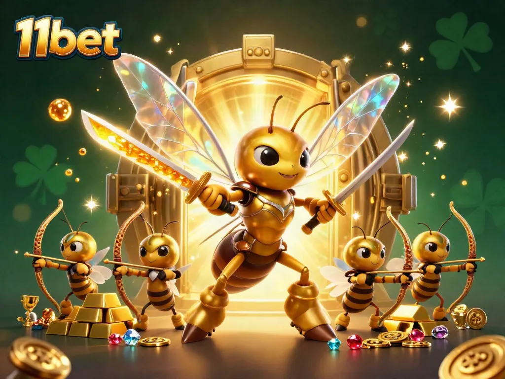 Experience thrilling gameplay with 11bet featuring a vibrant 3D scene of a hornet samurai and golden treasures.