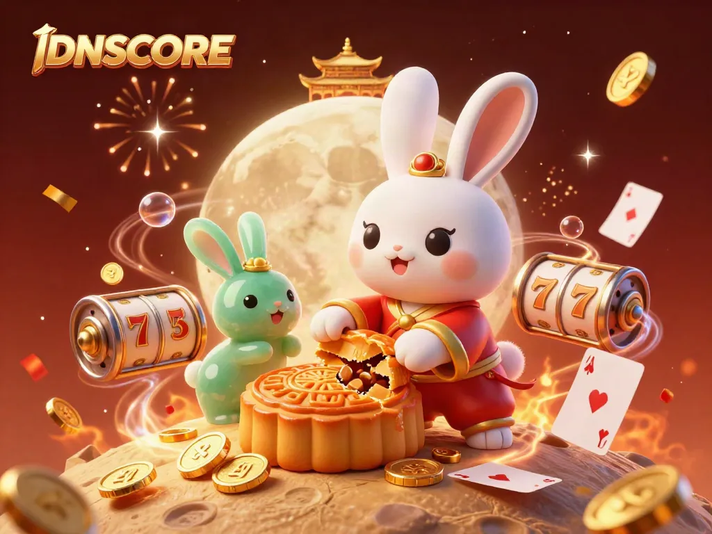 Experience thrilling games at IDNSCORE with the moon rabbit and poker chips amid festive celebrations.