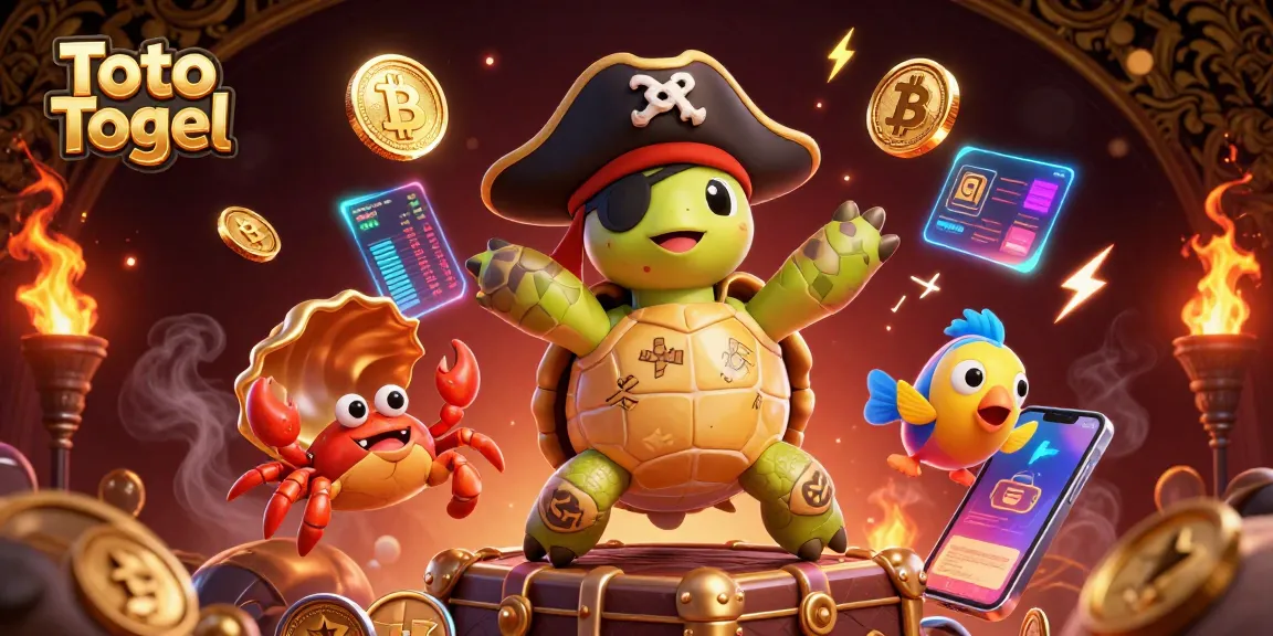 Play innovative Toto Togel slots with vibrant characters amidst treasures and crypto elements.