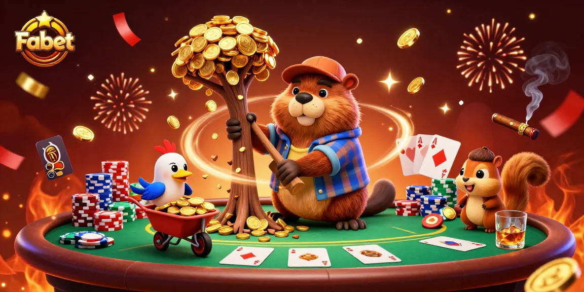Engage with the vibrant Fabet online casino scene featuring a beaver, bird, and squirrel amidst gold coins.