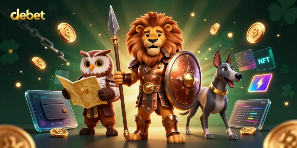 Experience the thrill of debet gaming with vibrant characters and dynamic cryptocurrency elements.
