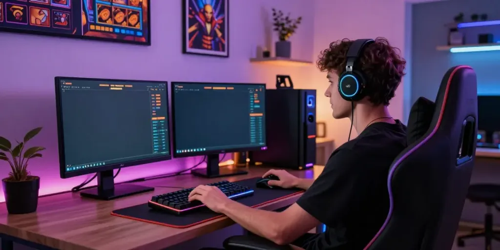 Gamer enjoying the bro138 slot experience in a vibrant digital gaming setup.