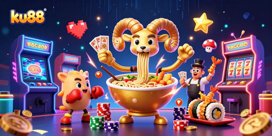 ku88 showcases a vibrant casino scene with a giant ramen bowl dealer amidst glowing arcade games.