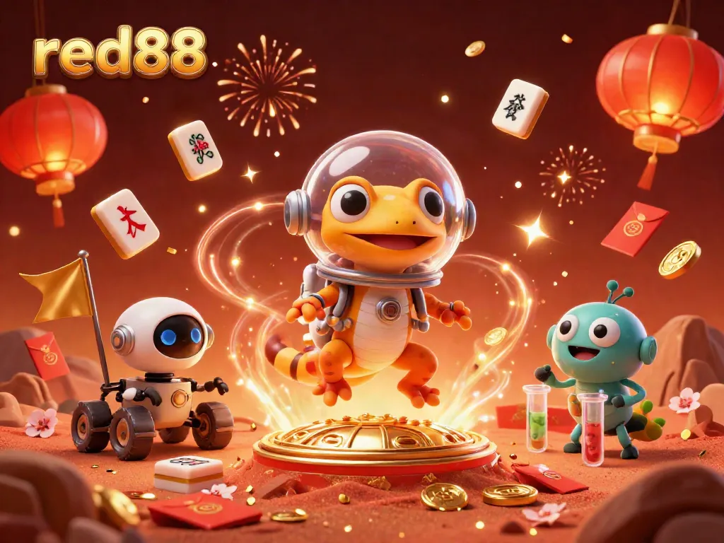 Experience red88 excitement as a Martian gecko uncovers a hidden golden casino in a vibrant space celebration scene.
