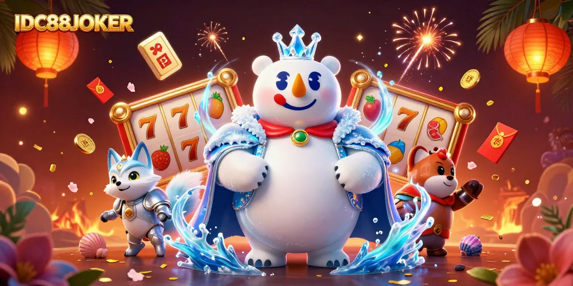 Experience the excitement of gaming on IDC88JOKER with immersive visuals of slot reels and vibrant characters.