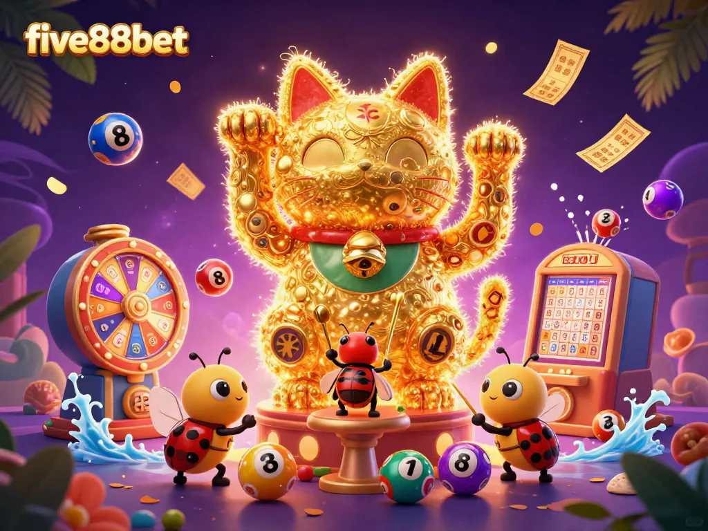 Experience the vibrant world of five88bet with dynamic casino-themed illustrations featuring a lucky cat and conductor beetle.