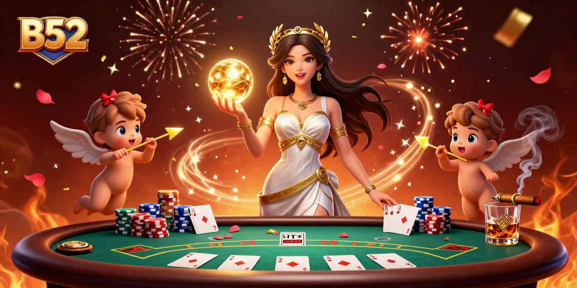 B52 elevates casino adventures with a goddess and cherubs surrounded by poker elements.