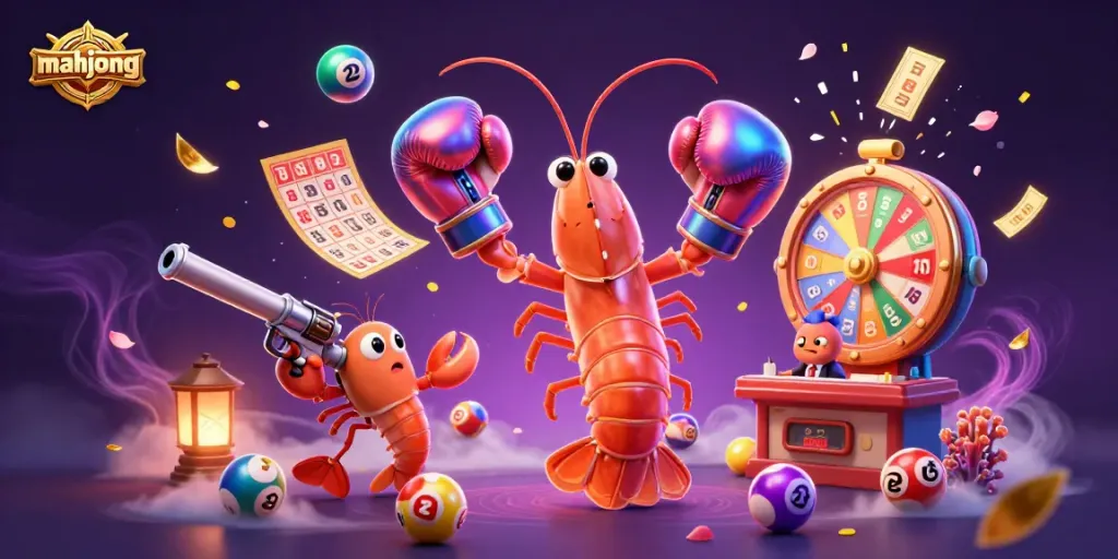 Win at mahjong with bright lottery elements and colorful characters in an exciting 3D illustration.