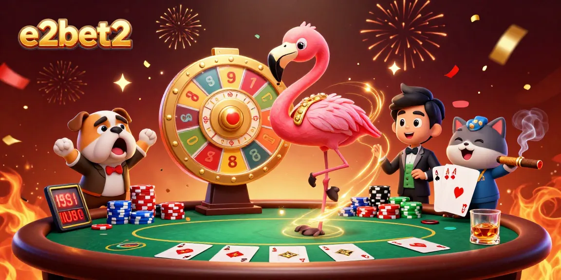 Engage with e2bet2's thrilling contest as a flamingo spins the prize wheel, showcasing fun gambling vibes.