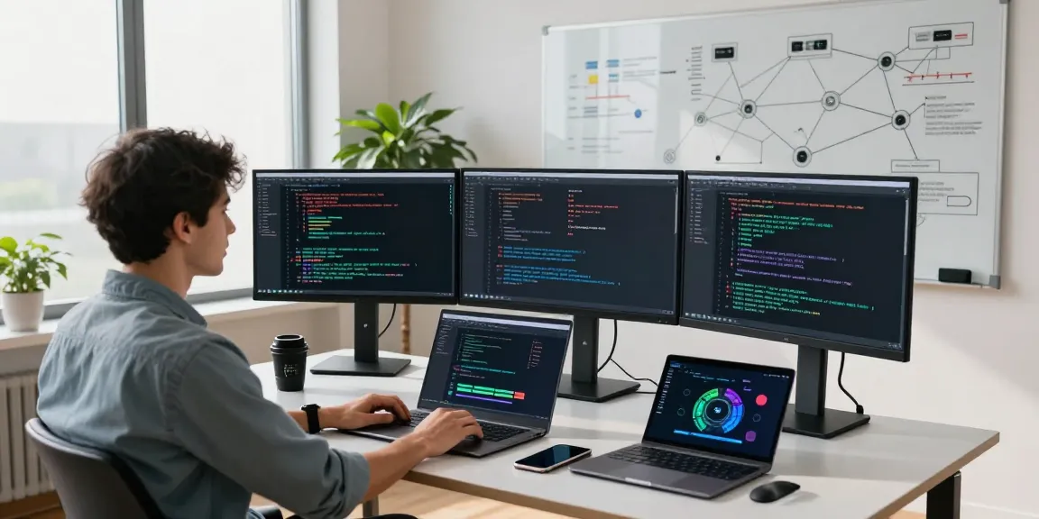 Developer analyzing acrossprotocol transactions in a modern tech workspace, showcasing blockchain connectivity and smart contract analytics.