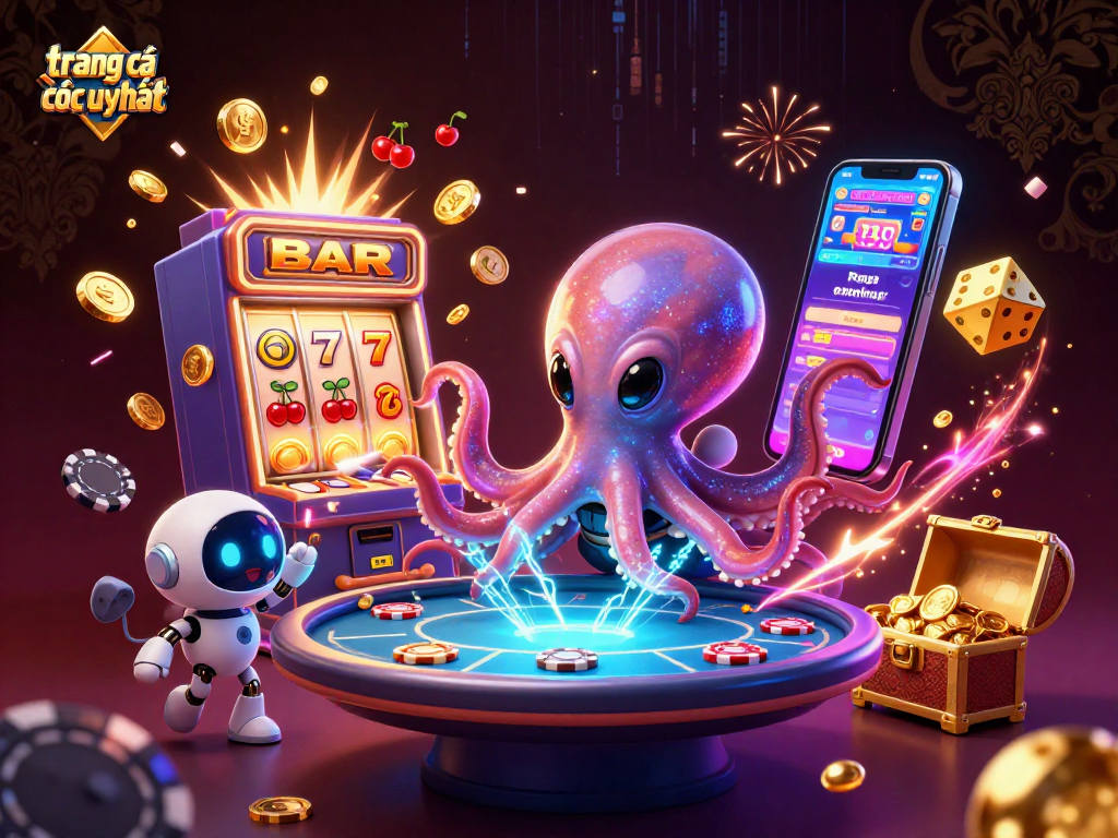 Experience the excitement of "trang cá cược uy tín" with an alien octopus at a holographic poker table amid cosmic jackpots!