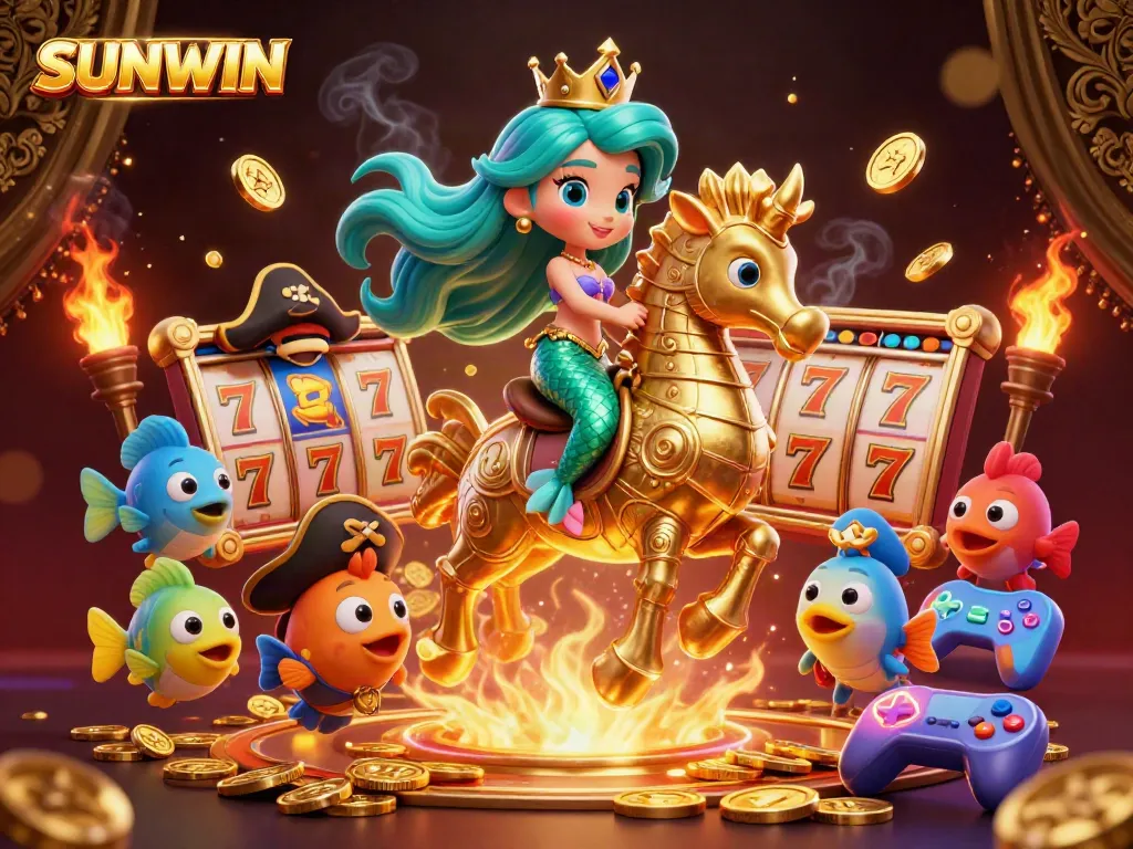 SUNWIN gameplay scene featuring a mermaid on a giant seahorse amidst colorful slot game elements, illustrating vibrant casino excitement.