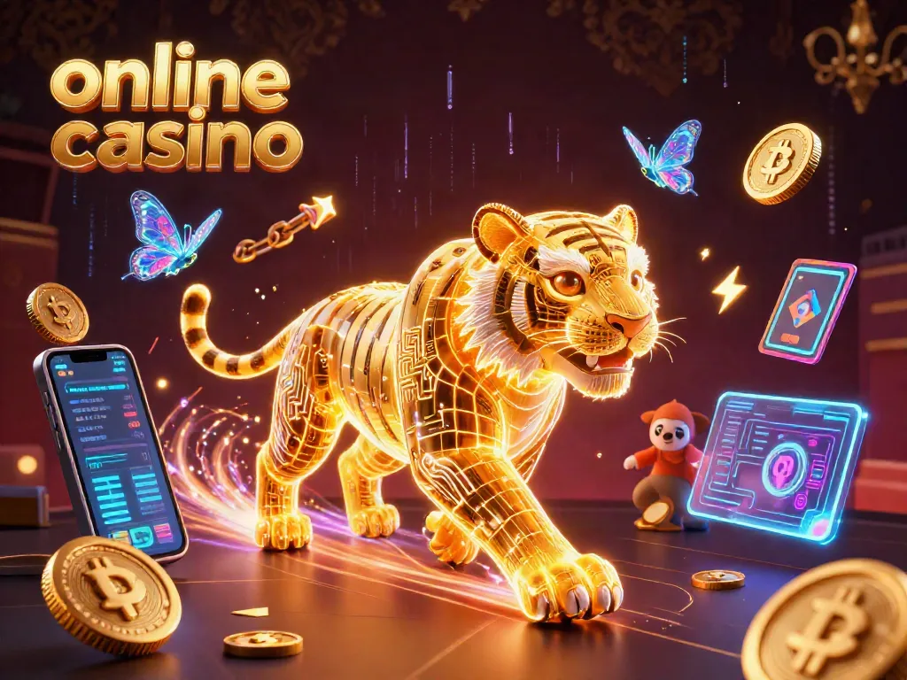 Gioca nel mondo degli online casino con il tigre di energia luminosa e simboli criptati in un paesaggio digitale.