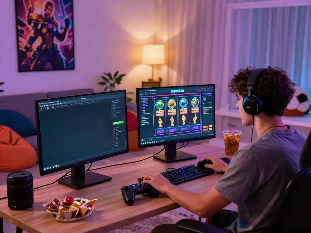 Engaged gamer exploring qqmacan slot in a cozy modern living room.