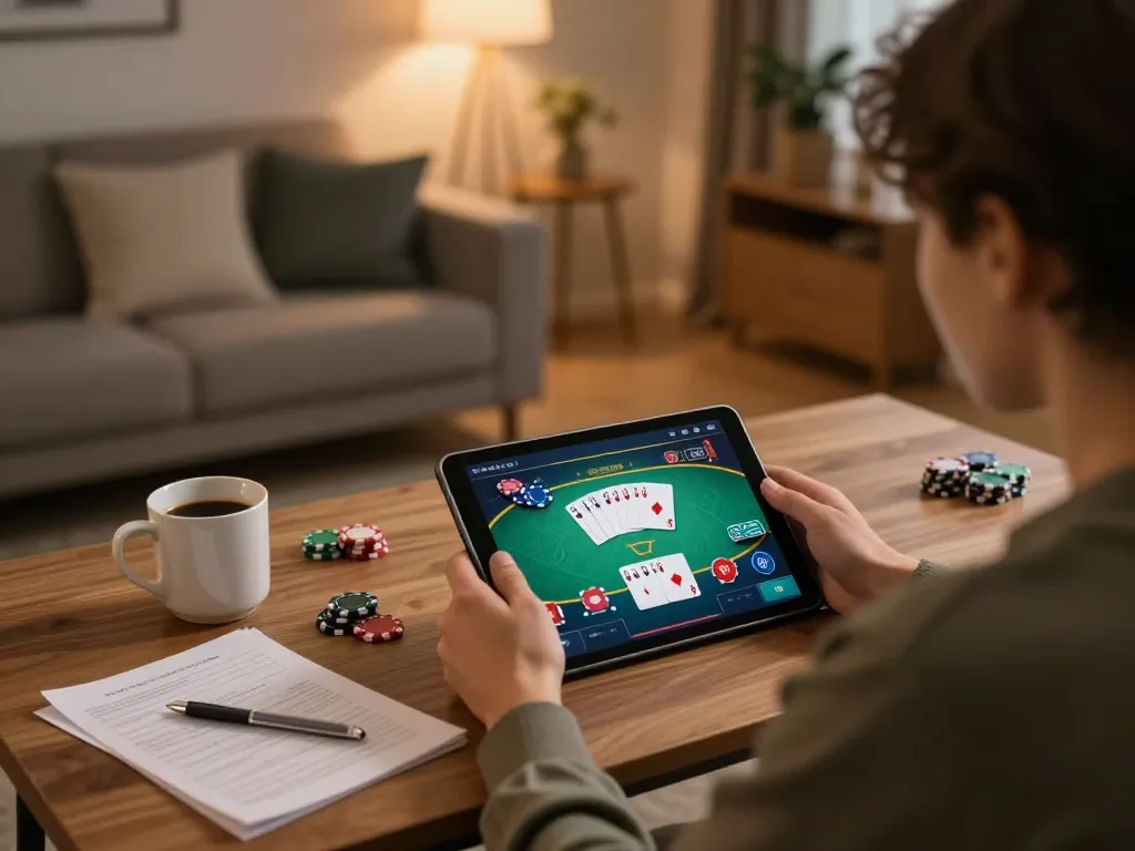 Người đang tận hưởng trò chơi trực tuyến 12bet trên máy tính bảng với những quân bài được hiển thị trong không gian ấm cúng của ngôi nhà