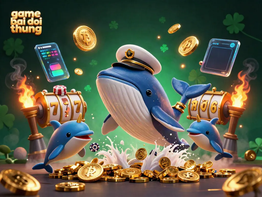 Experience the excitement of game bai doi thuong, featuring a cartoon whale and narwhal in a sea of coins.