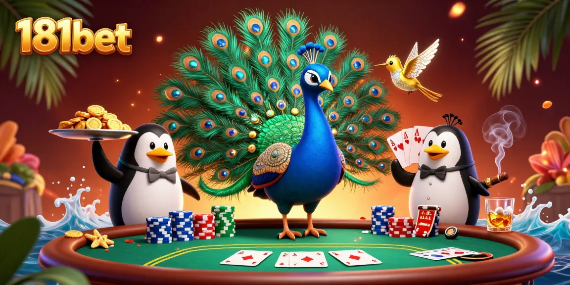Engage in thrilling bets at 181bet, with a vibrant peacock, a butler penguin, and a golden hummingbird amidst poker action.