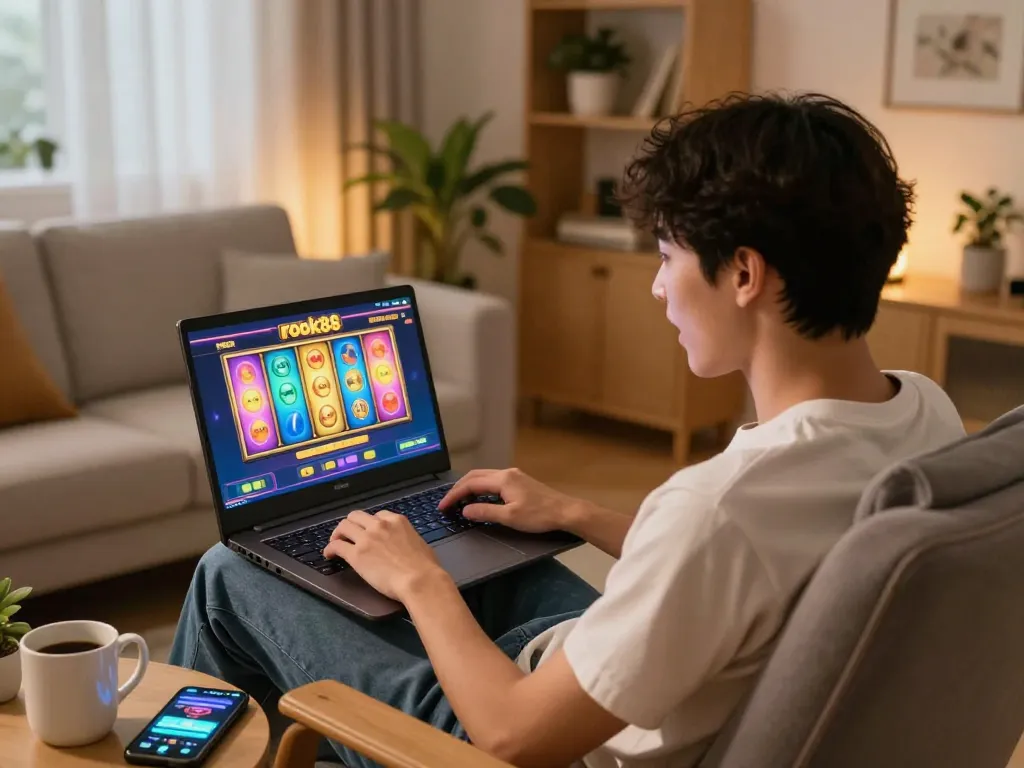 Playing rokok88 slot on a laptop in a cozy home atmosphere with colorful game imagery.
