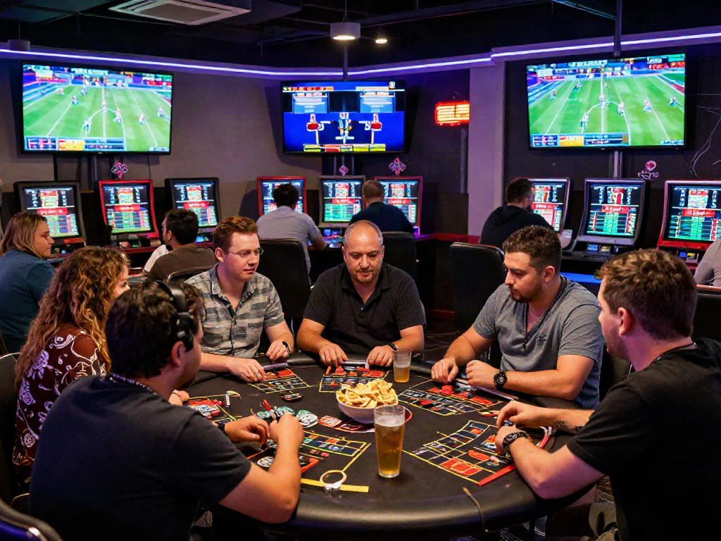 Dynamic betting lounge atmosphere showcasing 먹튀스팟 with people analyzing live sports and placing bets.