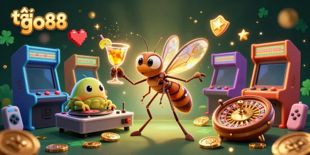 Engage in gambling fun with tải go88 showcasing vibrant casino characters, a golden roulette wheel, and arcade elements.